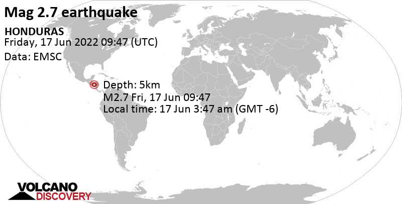 Weak mag. 2.7 earthquake - 2.8 km southwest of El Paraiso, Honduras, on Friday, Jun 17, 2022 at 3:47 am (GMT -6)