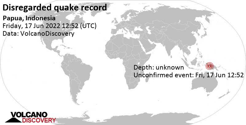 Άγνωστο γεγονός (αναφέρθηκε αρχικά ως σεισμός): 190 km νοτιοανατολικά από Nabire, Papua, Ινδονησία, Παρασκευή, 17 Ιου 2022 21:52 (GMT +9)
