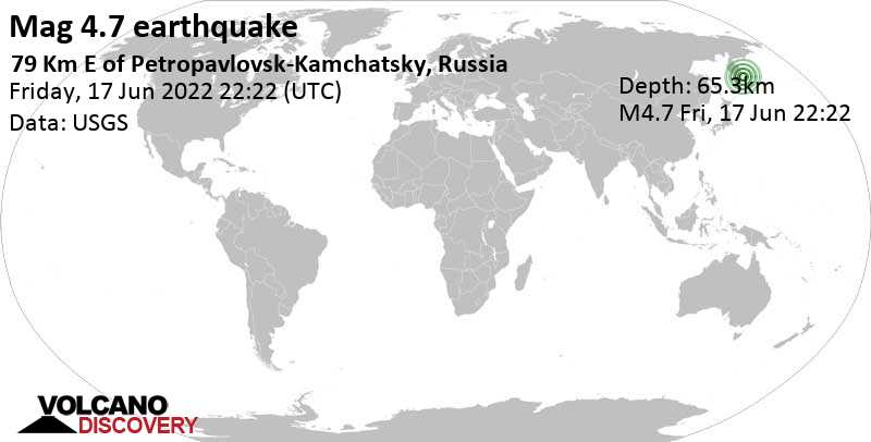 Leichtes Erdbeben der Stärke 4.7 - Nordpazifik, 80 km östlich von Petropawlowsk-Kamtschatski, Kamtschatka, Russland, am Samstag, 18. Jun 2022 um 10:22 Lokalzeit