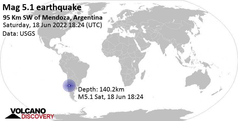 Moderate mag. 5.1 earthquake - 96 km southwest of Mendoza, Guaymallén, Mendoza, Argentina, on Saturday, Jun 18, 2022 at 3:24 pm (GMT -3)