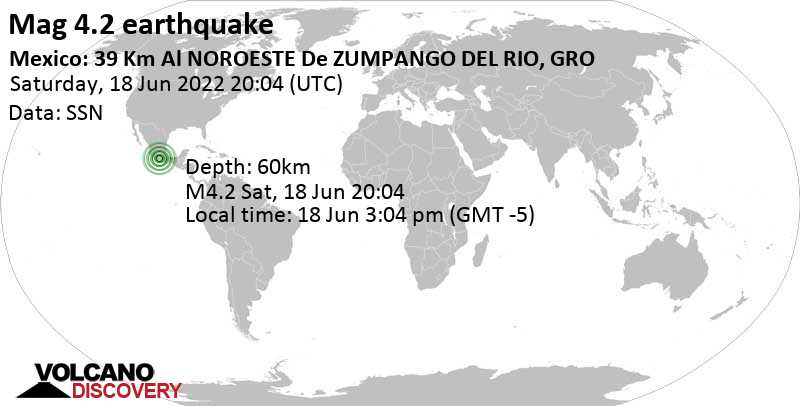 Séisme faible mag. 4.2 - 47 km au nord-ouest de Chilpancingo, Guerrero, Mexique, samedi, 18 juin 2022 15:04 (GMT -5)
