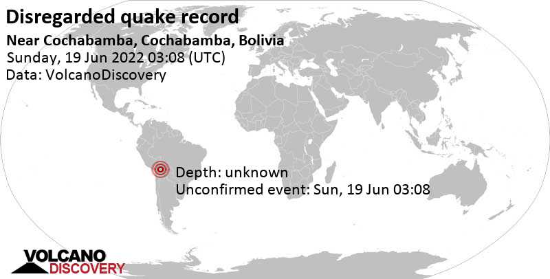 Rivisto come sismo che non ha avuto luogo: magnitudo 3.0, 3.1 km a ovest da Cochabamba, Bolivia, sabato, 18 giu 2022 23:08 (GMT -4)