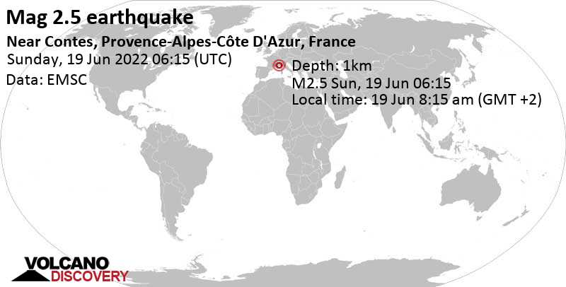 Séisme très faible mag. 2.5 - 41 km au nord-ouest de Menton, France, dimanche, 19 juin 2022 08:15 (GMT +2)