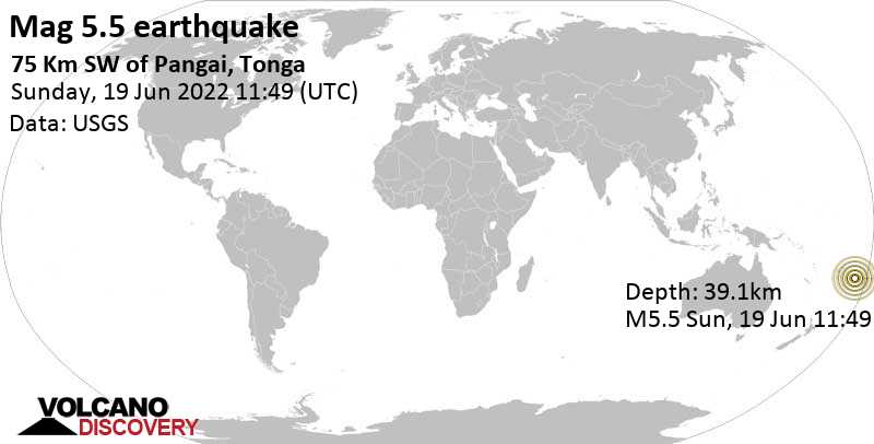 Strong mag. 5.5 earthquake - South Pacific Ocean, 97 km northeast of Nukalofa, Nuku\'alofa, Tongatapu, on Monday, Jun 20, 2022 at 12:49 am (GMT +13)