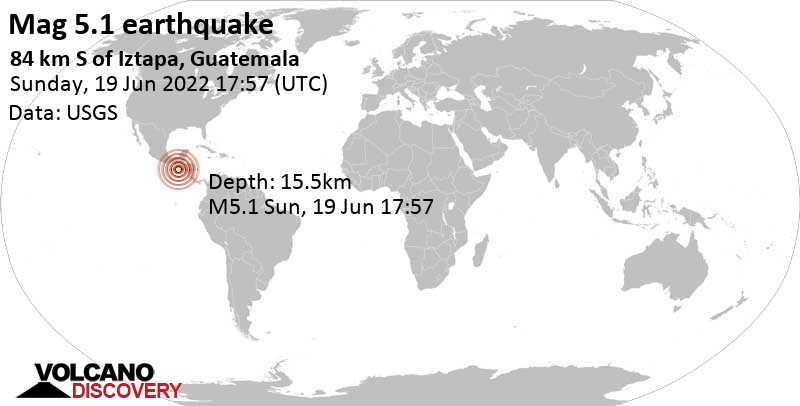Moderate mag. 5.1 earthquake - North Pacific Ocean, 84 km south of San Jose, Guatemala, on Sunday, Jun 19, 2022 at 11:57 am (GMT -6)