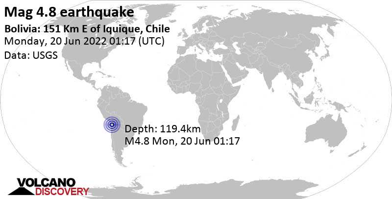 Light mag. 4.8 earthquake - Bolivia: 151 Km E of Iquique, Chile, on Sunday, Jun 19, 2022 at 9:17 pm (GMT -4)