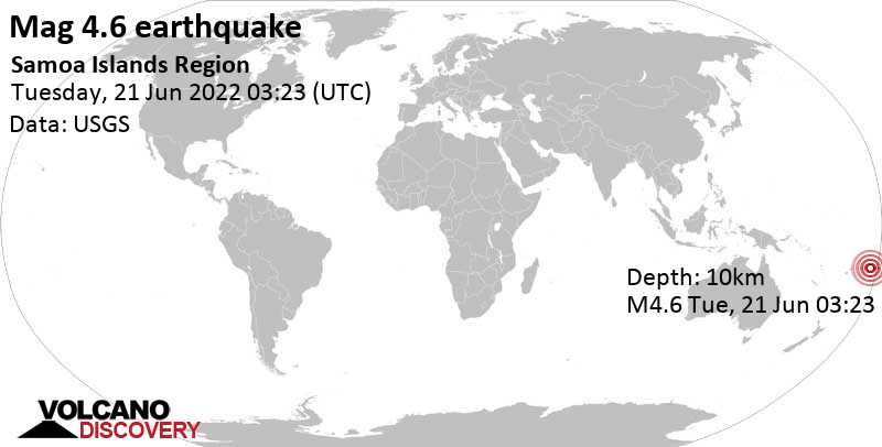 Moderates Erdbeben der Stärke 4.6 - South Pacific Ocean, 292 km südwestlich von Apia, Tuamasaga, Samoa, am Dienstag, 21. Jun 2022 um 16:23 Lokalzeit