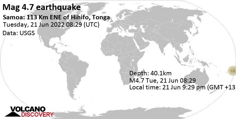 Moderates Erdbeben der Stärke 4.7 - South Pacific Ocean, 213 km südwestlich von Apia, Tuamasaga, Samoa, am Dienstag, 21. Jun 2022 um 21:29 Lokalzeit