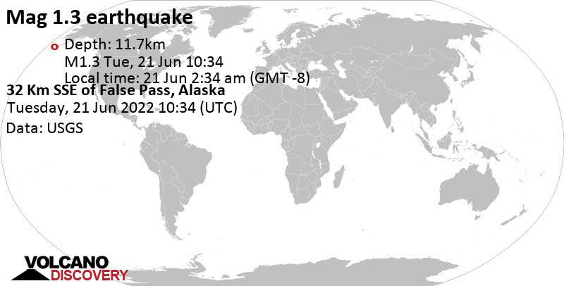 Séisme mineur mag. 1.3 - 32 Km SSE of False Pass, Alaska, mardi, 21 juin 2022 02:34 (GMT -8)