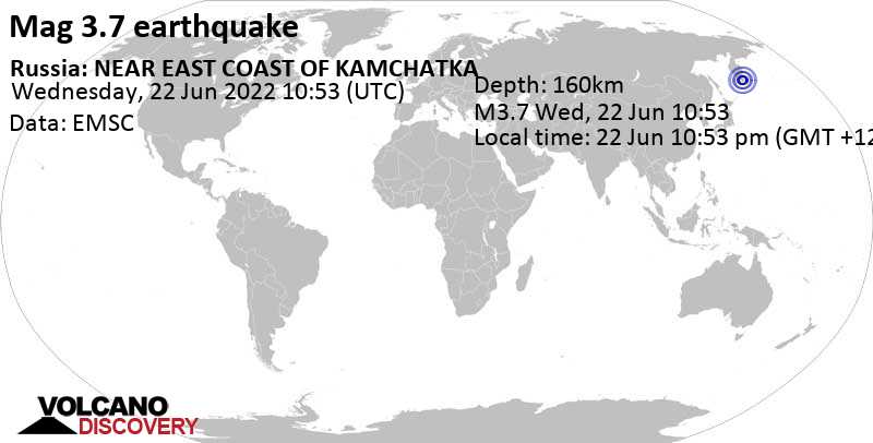 Sehr schwaches Beben Stärke 3.7 - 164 km südwestlich von Petropawlowsk-Kamtschatski, Kamtschatka, Russland, am Mittwoch, 22. Jun 2022 um 22:53 Lokalzeit