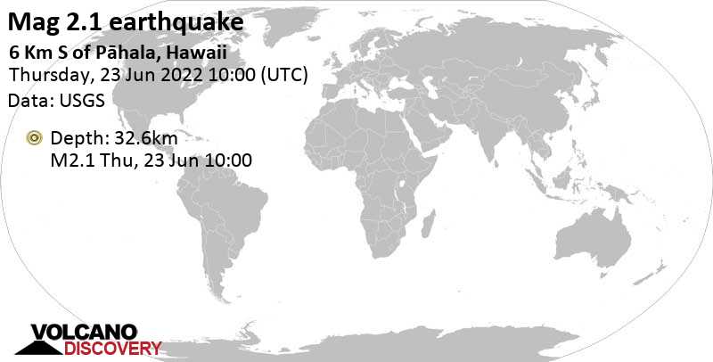 Minor mag. 2.1 earthquake - 6 Km S of Pāhala, Hawaii, on Thursday, Jun 23, 2022 at 12:00 am (GMT -10)