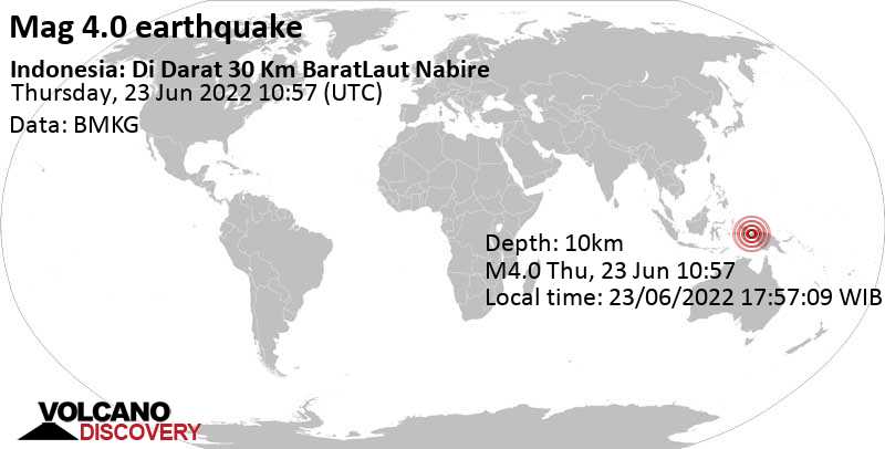 Séisme modéré mag. 4.0 - 7.9 km au sud de Nabire, Papua, Indonésie, jeudi, 23 juin 2022 19:57 (GMT +9)