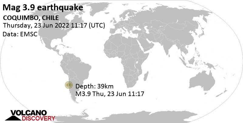 Light mag. 3.9 earthquake - 50 km southwest of Ovalle, Provincia de Limari, Coquimbo Region, Chile, on Thursday, Jun 23, 2022 at 7:17 am (GMT -4)