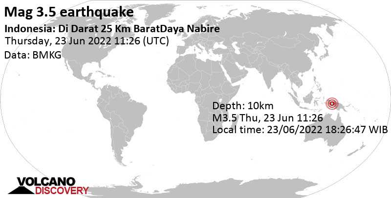Light mag. 3.5 earthquake - 31 km south of Nabire, Papua, Indonesia, on Thursday, Jun 23, 2022 at 8:26 pm (GMT +9)