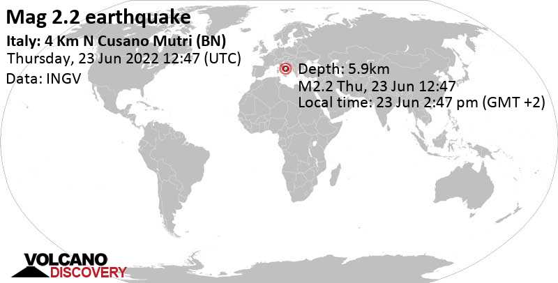 Weak mag. 2.2 earthquake - Campania, 25 km southwest of Campobasso, Molise, Italy, on Thursday, Jun 23, 2022 at 2:47 pm (GMT +2)