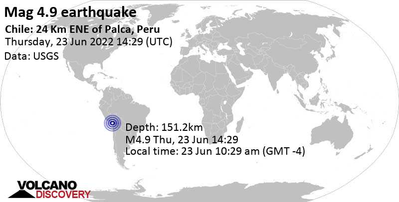 Ελαφρύς σεισμός μεγέθους 4.9 - Region de Arica y Parinacota, 64 km βορειοανατολικά από Tacna, Περού, Πέμπτη, 23 Ιου 2022 09:29 (GMT -5)