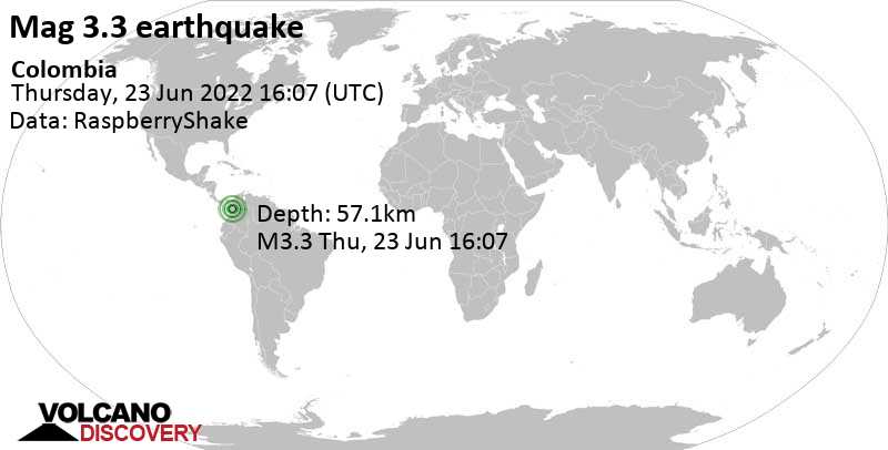 Weak mag. 3.3 earthquake - 8.8 km east of Ciudad Bolivar, Antioquia, Colombia, on Thursday, Jun 23, 2022 at 11:07 am (GMT -5)