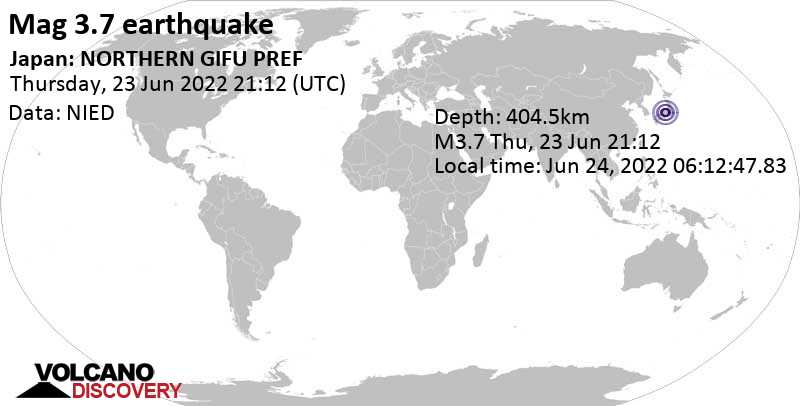 Sehr schwaches Beben Stärke 3.7 - 23 km südwestlich von Takayama, Präfektur Gifu, Japan, am Freitag, 24. Jun 2022 um 06:12 Lokalzeit