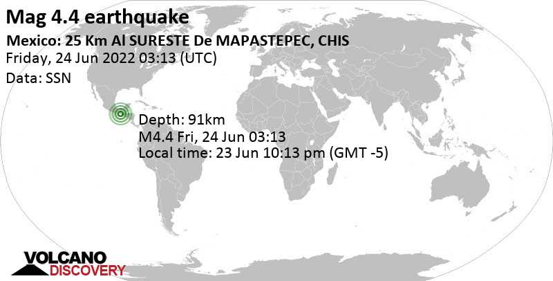 Séisme faible mag. 4.4 - 39 km à l\'ouest de Huixtla, Chiapas, Mexique, jeudi, 23 juin 2022 22:13 (GMT -5)