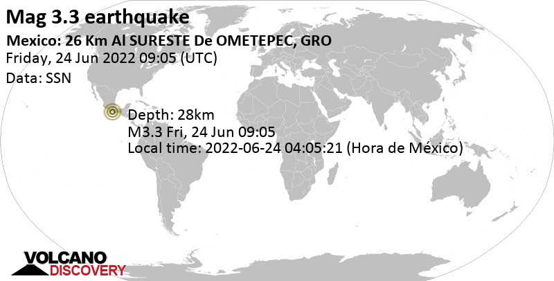 Weak mag. 3.3 earthquake - 28 km northwest of Santiago Pinotepa Nacional, Oaxaca, Mexico, on Friday, Jun 24, 2022 at 4:05 am (GMT -5)