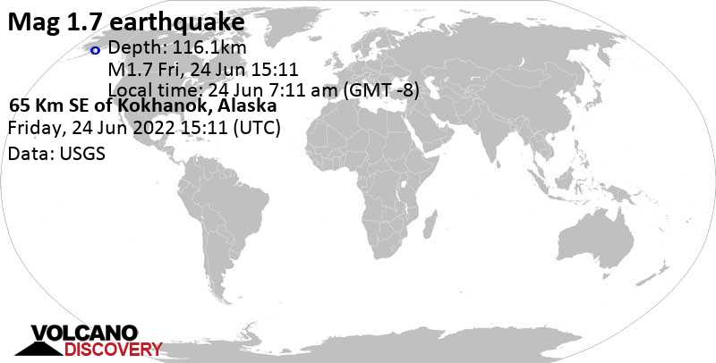 Minor mag. 1.7 earthquake - 65 Km SE of Kokhanok, Alaska, on Friday, Jun 24, 2022 at 7:11 am (GMT -8)