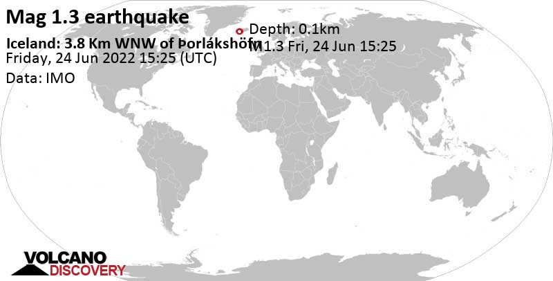 Minor mag. 1.3 earthquake - Iceland: 3.8 Km WNW of Þorlákshöfn on Friday, Jun 24, 2022 at 3:25 pm (GMT +0)