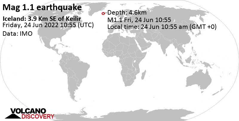 Minor mag. 1.1 earthquake - Iceland: 3.9 Km SE of Keilir on Friday, Jun 24, 2022 at 10:55 am (GMT +0)