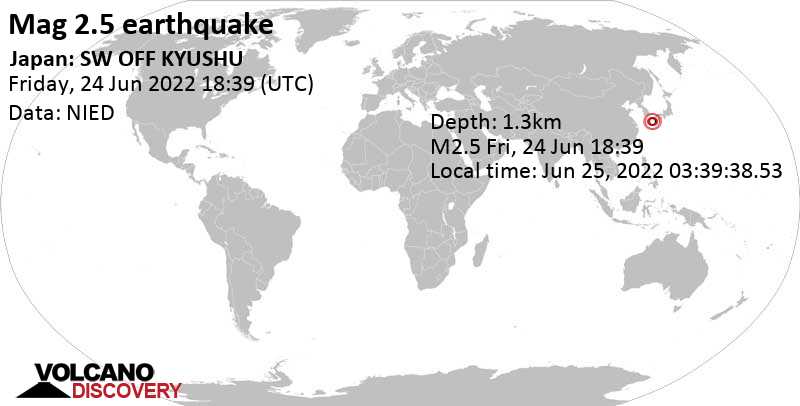 Schwaches Erdbeben Stärke 2.5 - East China Sea, 44 km südöstlich von Fukuechō, Gotō Shi, Nagasaki, Japan, am Samstag, 25. Jun 2022 um 03:39 Lokalzeit