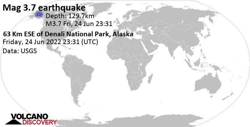Незначительное землетрясение маг. 3.7 - 226 km к юго-западу от Фэрбанкс, Аляска, Соединенные Штаты, Пятница, 24 июн 2022 15:31 (GMT -8)