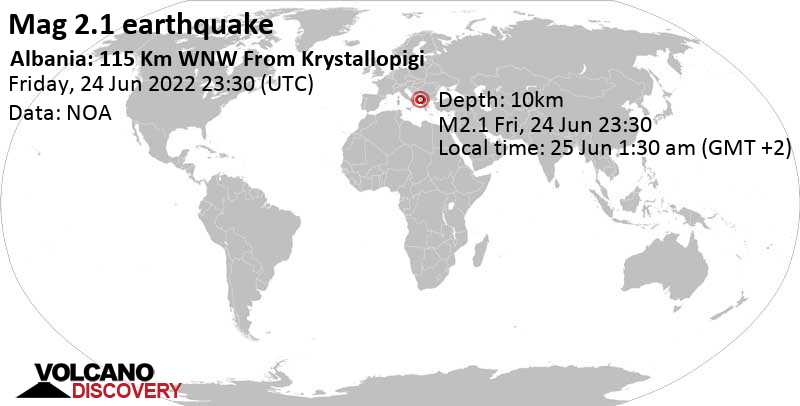 Schwaches Erdbeben Stärke 2.1 - 23 km westlich von Elbasan, Albanien, am Samstag, 25. Jun 2022 um 01:30 Lokalzeit
