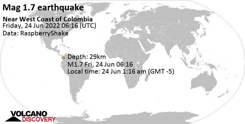 Minor mag. 1.7 earthquake - 95 km west of Quibdo, Departamento del Choco, Colombia, on Friday, Jun 24, 2022 at 1:16 am (GMT -5)