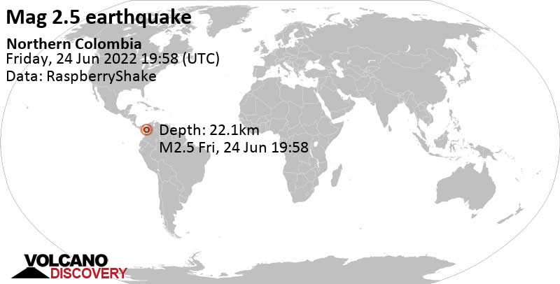 Слабое землетрясение маг. 2.5 - 17 km к югу от Dabeiba, Antioquia, Колумбия, Пятница, 24 июн 2022 14:58 (GMT -5)