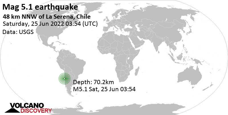 Moderates Erdbeben der Stärke 5.1 - South Pacific Ocean, 60 km nordwestlich von La Serena, Provincia de Elqui, Coquimbo Region, Chile, am Freitag, 24. Jun 2022 um 23:54 Lokalzeit