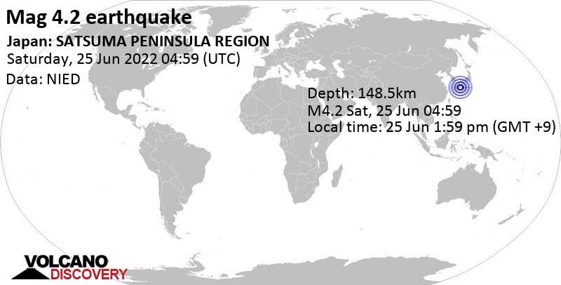 Leichtes Erdbeben der Stärke 4.2 - East China Sea, 43 km südlich von Kagoshima, Japan, am Samstag, 25. Jun 2022 um 13:59 Lokalzeit