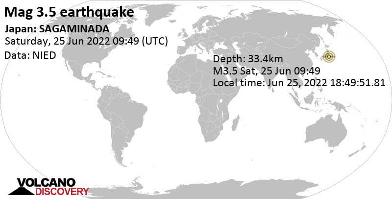 Weak mag. 3.5 earthquake - North Pacific Ocean, 30 km southwest of Miura, Kanagawa, Japan, on Saturday, Jun 25, 2022 at 6:49 pm (GMT +9)