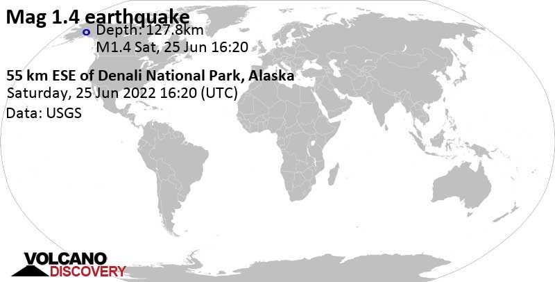Minor mag. 1.2 earthquake - 50 Km ESE of Denali National Park, Alaska, on Saturday, Jun 25, 2022 at 8:20 am (GMT -8)