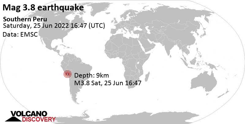 Moderate mag. 3.8 earthquake - 98 km northwest of Arequipa, Peru, on Saturday, Jun 25, 2022 at 11:47 am (GMT -5)