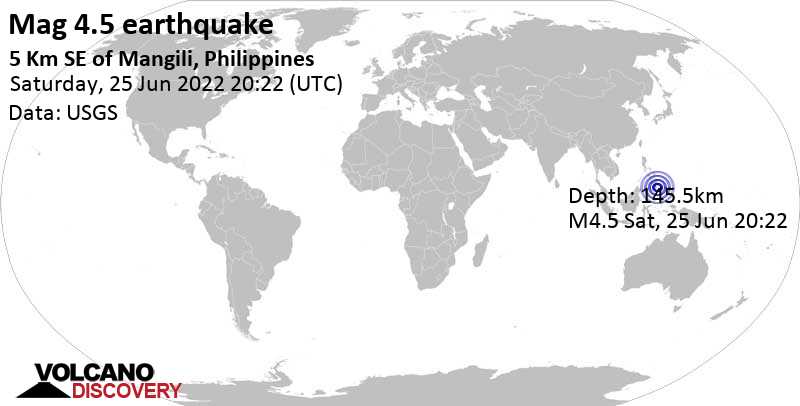 Leichtes Erdbeben der Stärke 4.5 - 5 Km SE of Mangili, Philippines, am Sonntag, 26. Jun 2022 um 04:22 Lokalzeit