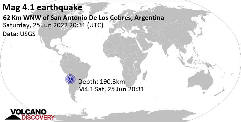 Light mag. 4.1 earthquake - Jujuy, 63 km west of San Antonio de los Cobres, Departamento de Los Andes, Salta, Argentina, on Saturday, Jun 25, 2022 at 5:31 pm (GMT -3)