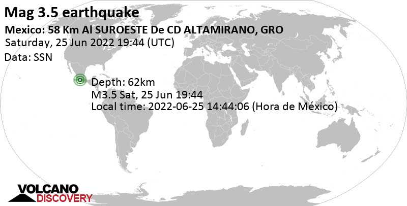 Weak mag. 3.5 earthquake - 20 km southeast of Guayameo, Zirandaro, Guerrero, Mexico, on Saturday, Jun 25, 2022 at 2:44 pm (GMT -5)