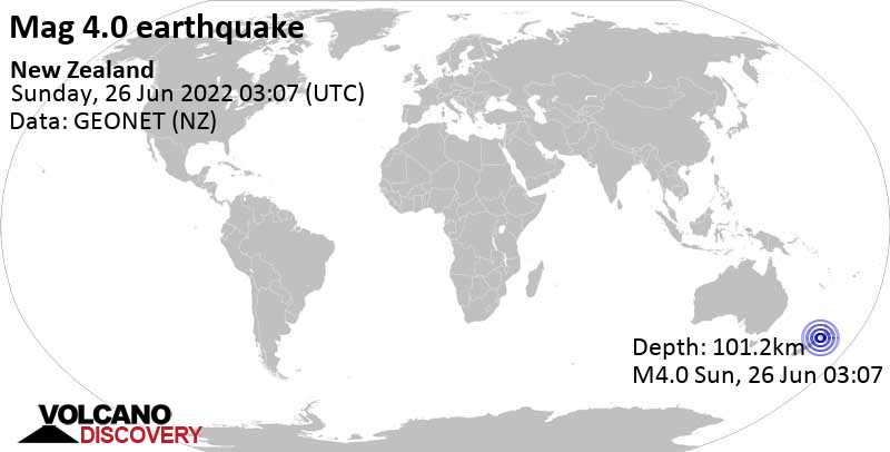 Leichtes Erdbeben der Stärke 4.0 - Taranaki, 56 km nordwestlich von Whanganui, Neuseeland, am Sonntag, 26. Jun 2022 um 15:07 Lokalzeit