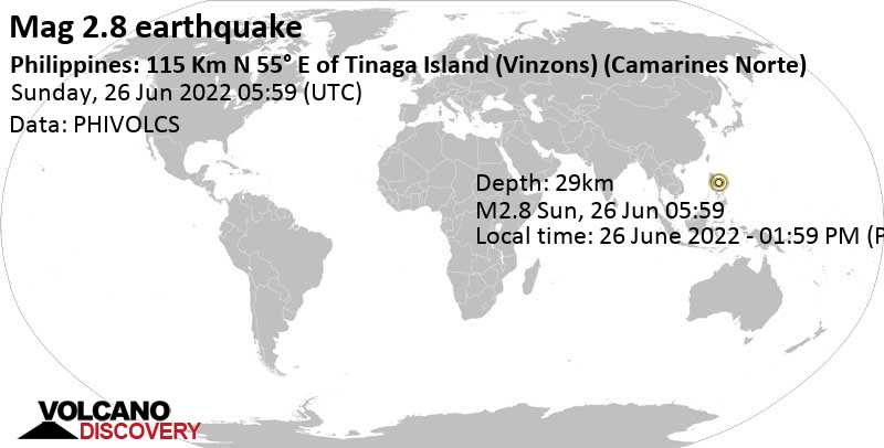 Weak mag. 2.8 earthquake - Philippine Sea, Philippines, on Sunday, Jun 26, 2022 at 1:59 pm (GMT +8)