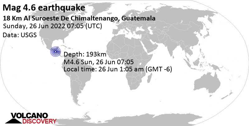 Terremoto leve mag. 4.6 - 7.2 km NE of Chimaltenango, Guatemala, domingo, 26 jun 2022 01:05 (GMT -6)