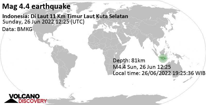 Слабое землетрясение маг. 4.4 - Бали (море), 17 km к юго-востоку от Денпасар, Индонезия, Воскресенье, 26 июн 2022 20:25 (GMT +8)