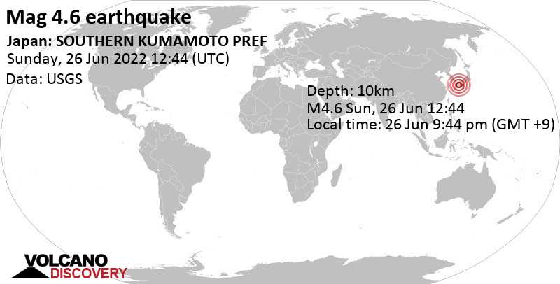 Moderates Erdbeben der Stärke 4.6 - 2.8 km nordöstlich von Honmachi, Yatsushiro Shi, Präfektur Kumamoto, Japan, am Sonntag, 26. Jun 2022 um 21:44 Lokalzeit