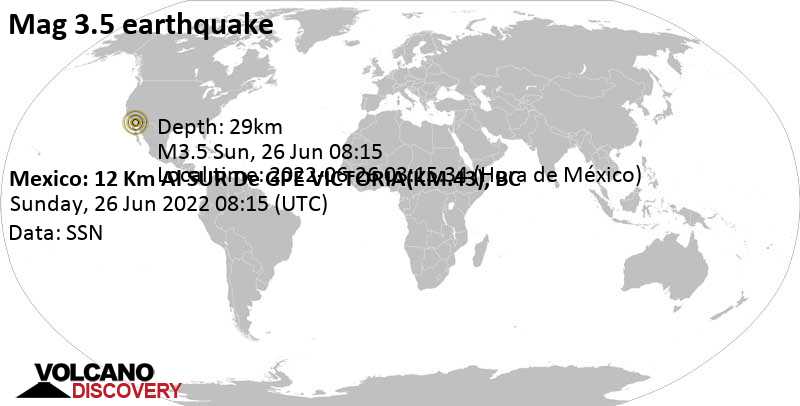 Weak mag. 3.5 earthquake - 12 km south of Guadalupe Victoria, Mexico, on Sunday, Jun 26, 2022 at 1:15 am (GMT -7)