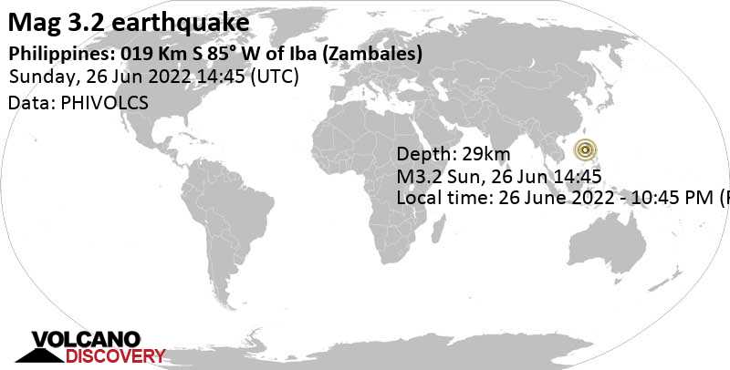 Αδύναμος σεισμός μεγέθους 3.2 - South China Sea, 19 km δυτικά από Iba, Φιλιππίνες, Κυριακή, 26 Ιου 2022 22:45 (GMT +8)