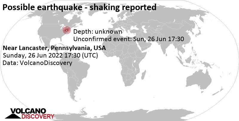 Αναφερόμενος σεισμός ή συμβάν παρόμοιο με σεισμό: 19 km βορειοδυτικά από Lancaster, Πενσυλβάνια, Ηνωμένες Πολιτείες, Κυριακή, 26 Ιου 2022 13:30 (GMT -4)