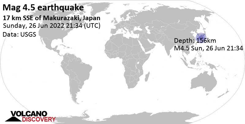 Leichtes Erdbeben der Stärke 4.5 - East China Sea, 51 km südlich von Kagoshima, Japan, am Montag, 27. Jun 2022 um 06:34 Lokalzeit