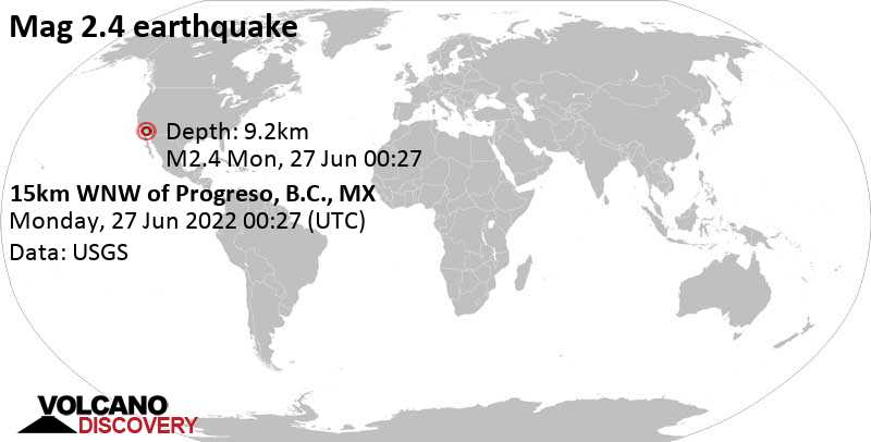 Weak mag. 2.4 earthquake - 15km WNW of Progreso, B.C., MX, on Sunday, Jun 26, 2022 at 5:27 pm (GMT -7)
